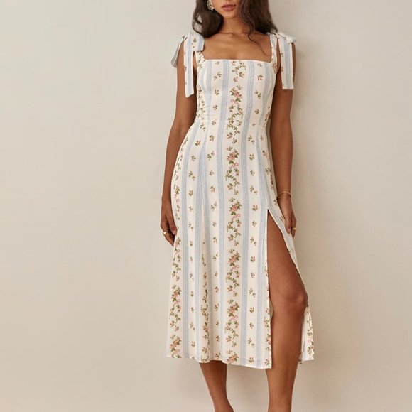 Reformation Twilight Midi Dress Sz4 Surrey Blue Cream Floral Stripes Cocktail - Picture 4 of 9